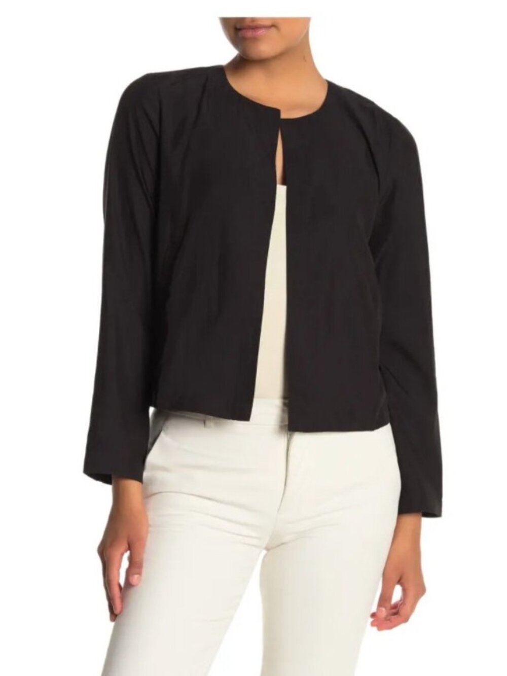 Eileen Fisher Open Front Crop Jacket Womens M Black Lightweight Tencel Lyocell